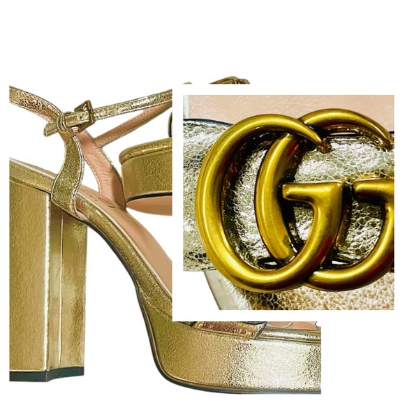 Gucci Metallic Gold Marmont Block High Chunky Heel Strappy Sandals - Picture 1 of 5